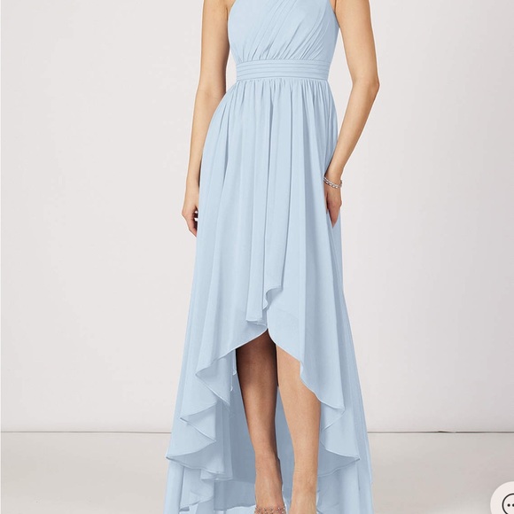 Azazie Blue High Low Sundress with Halter Neckline for Wedding Guest - Picture 1 of 4